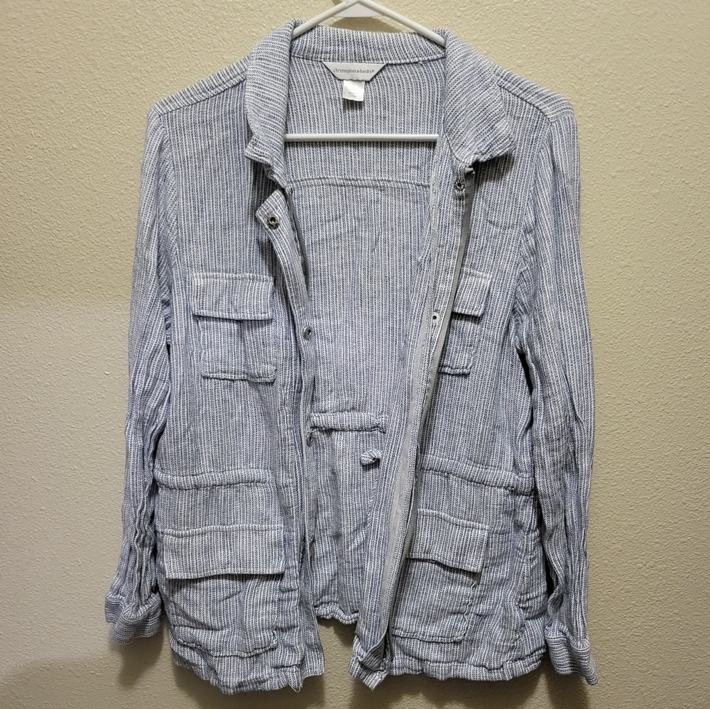 Christopher & Banks Light Linen Zipup Jacket in Blue & White Stripes, size Large